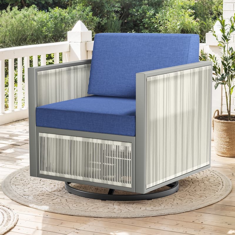 Pocassy Outdoor PE Wicker Funiture Set - Blue Cushion - 1PCS Swivel Chairs with Cushion
