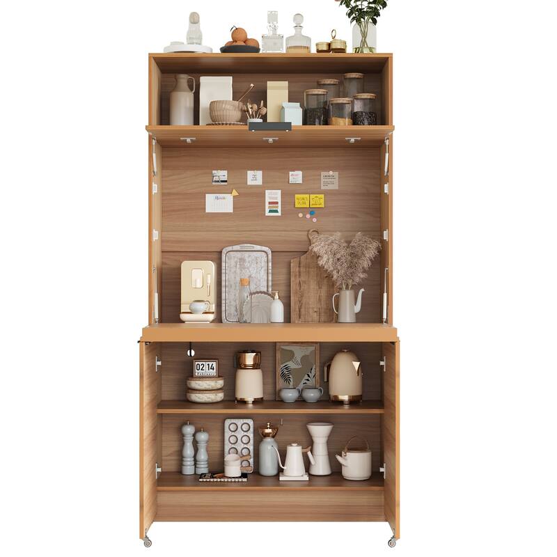 Compact Kitchen Pantry Storage Cabinet, 69" H Buffet Sideboard Server Table with Drop-Down Workstation & Power Outlet