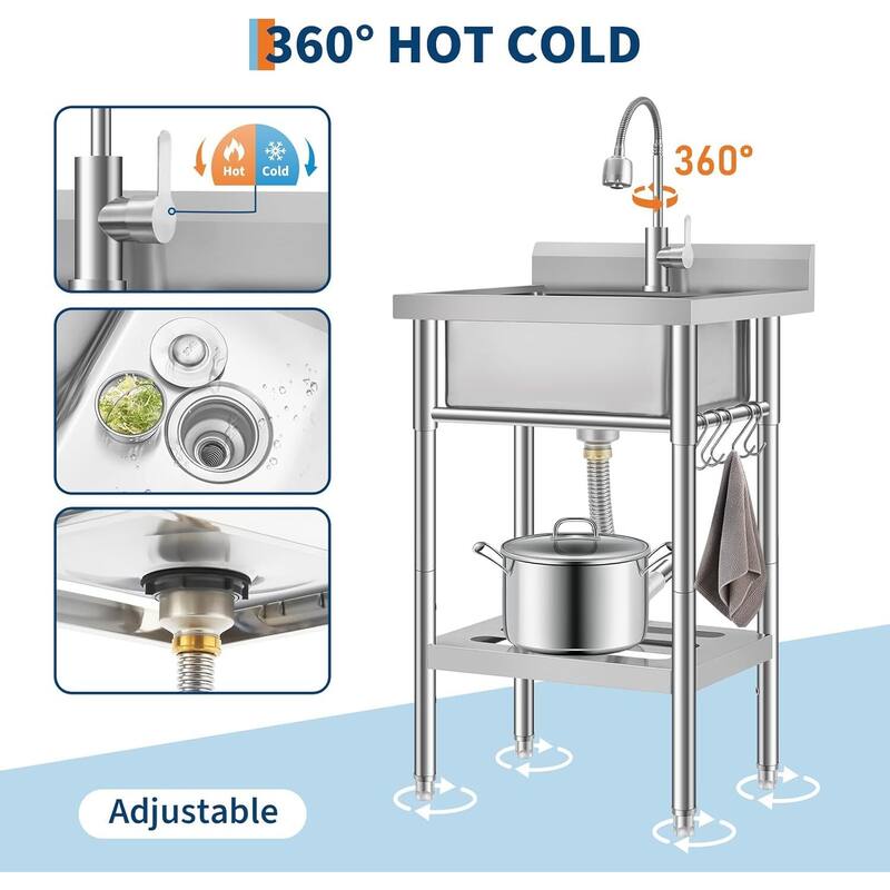 21.6x19.6x37.5inch Single Bowl Freestanding Stainless Steel Utility Sink