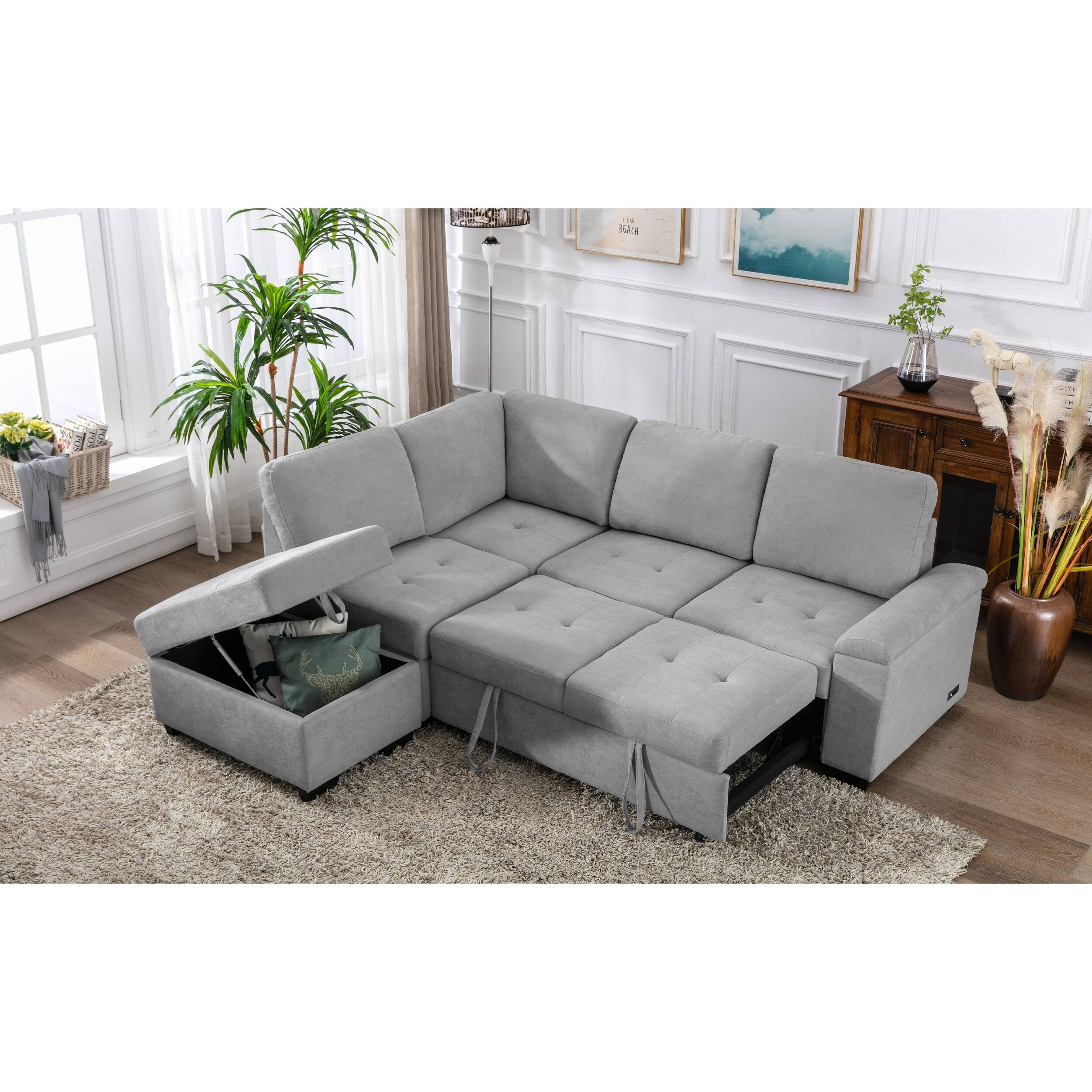 LShape Corner Sectional Sofa Bed Velvet Convertible Sleeper Sofa with