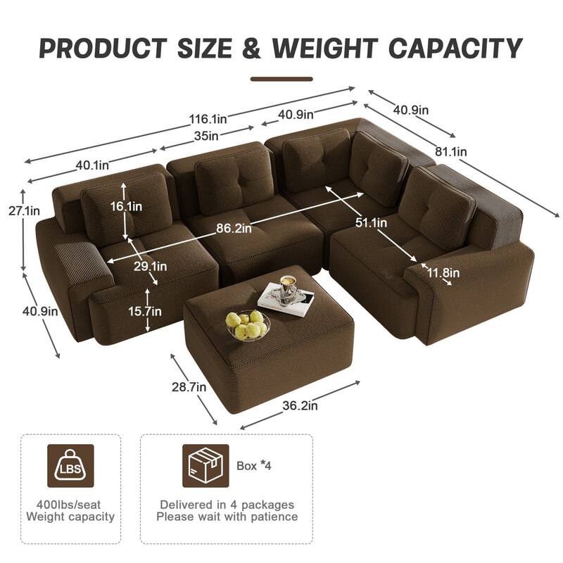 116.1" Corduroy Sectional Sofa with Movable Ottoman