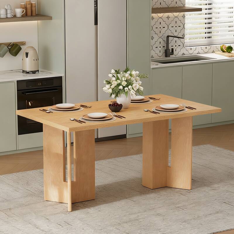 60" Farmhouse Dining Table with Cutout Legs, Rectangular Wood Table for Dining Room & Kitchen - Natural+1 Dining Table