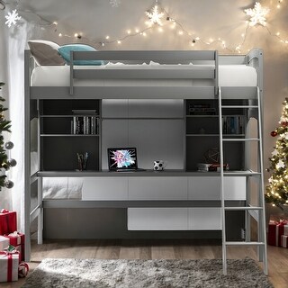 Twin size Loft Bed With Storage Shelves,Desk And Ladder,Sturdy Frame,Kids Bedroom Sets