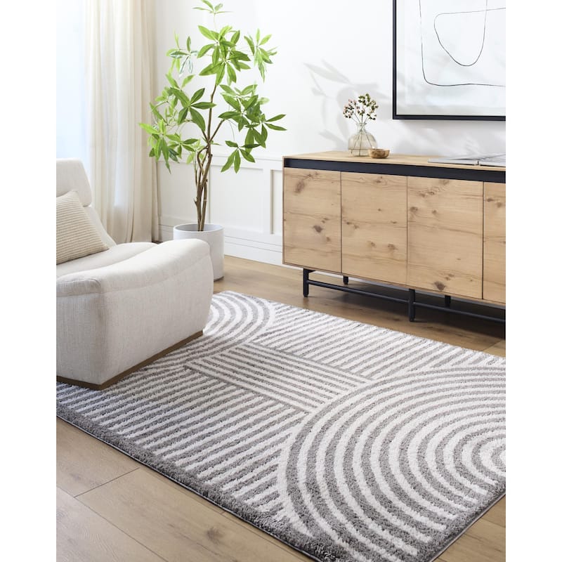 Livabliss Fossay Shag Modern & Contemporary Stripe Washable Area Rug - Light Beige/ Charcoal - 7' 10" x 10'
