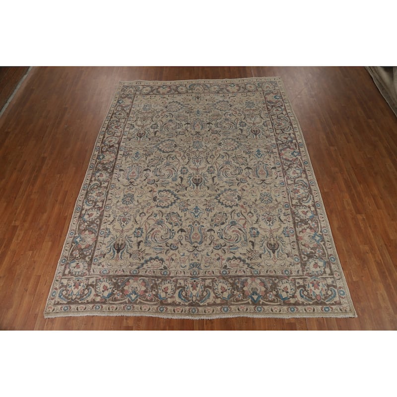 Floral Tabriz Persian Area Rug Distressed Handmade Wool Carpet - 8'8"x 11'5"