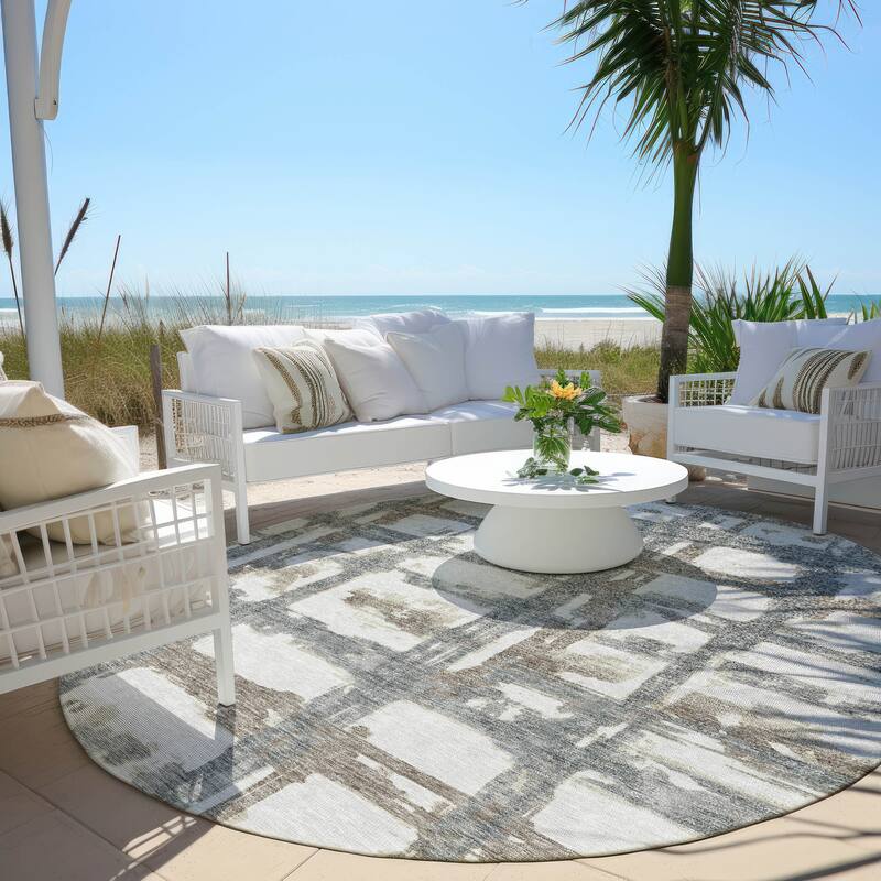 Machine Washable Indoor/ Outdoor Chantille Abstract Contemporary Rug - Silver - 8' x 8'