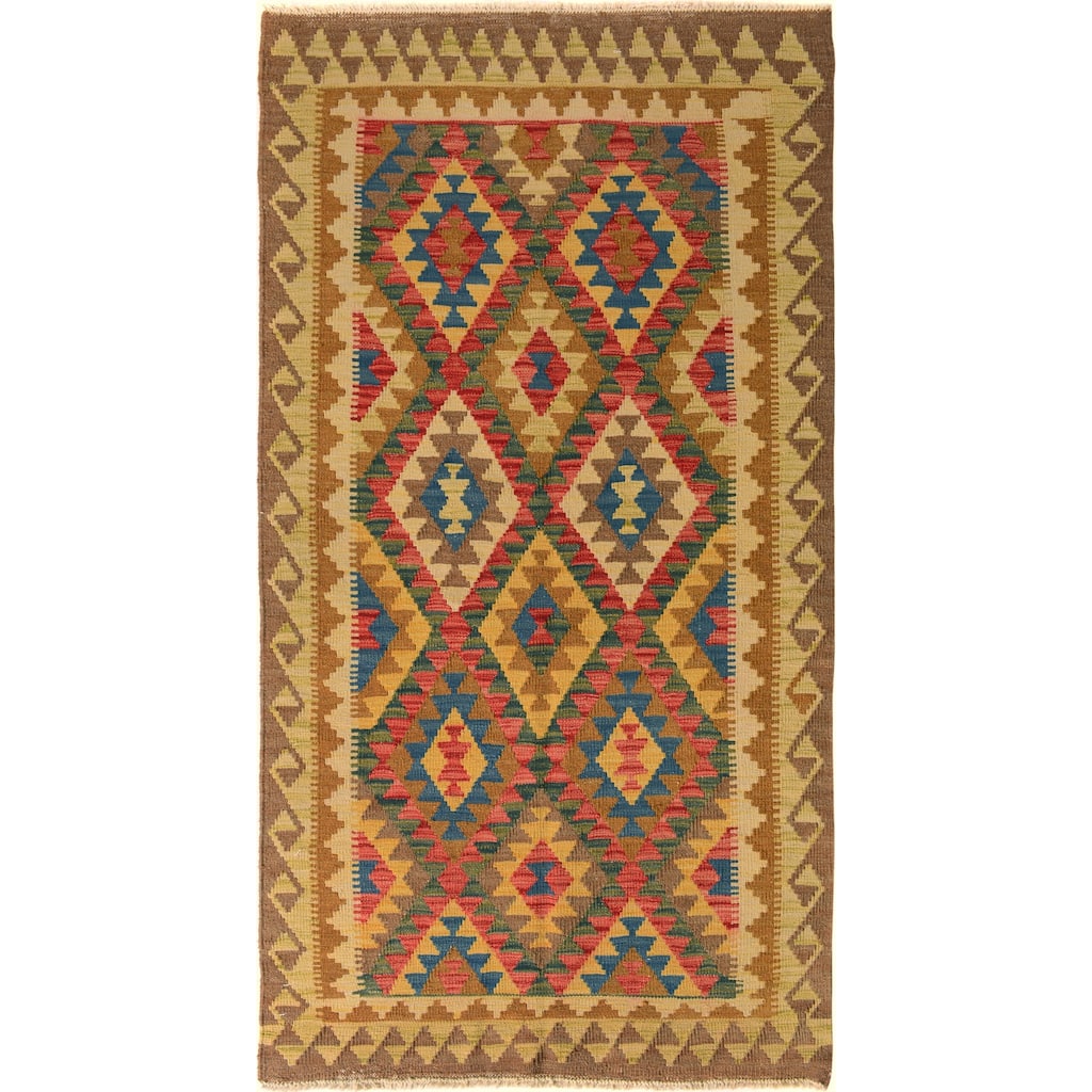 Tribal Turkish Kilim Sorcha Brown Blue Hand-Woven Wool Rug - 3'4'' x 6'3''