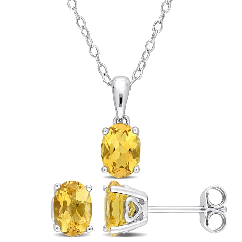 Miadora 2 1/10ct TGW Oval Citrine Solitaire Necklace and Stud Earrings Set in Sterling Silver