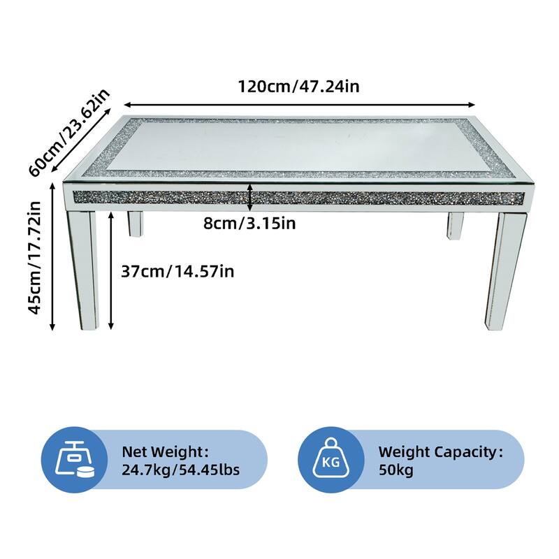 47.24” Long Luxury Modern Rectangular Mirrored Coffee Table with Crystal Diamonds Inlay, Living Room Center Table
