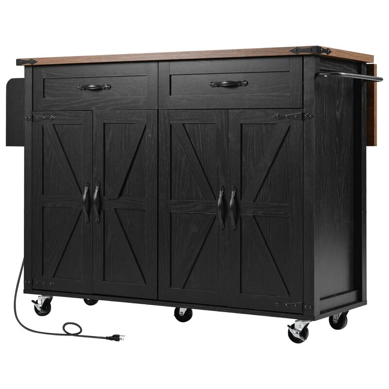 Farmhouse Kitchen Island with Power Outlet and Drop Leaf, Rolling Pantry Storage Cart with Spice Rack and Drawer for Dining Room