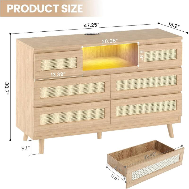 Modern Rattan 6-Drawer Dresser w/ LED Light, Deep Drawers