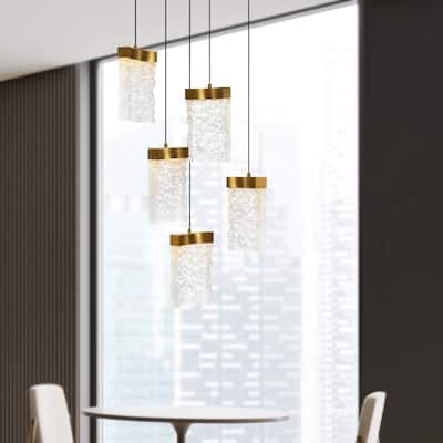 Lava Integrated LED 12" Brass Modern Mini Pendant with Handmade Textured Glass