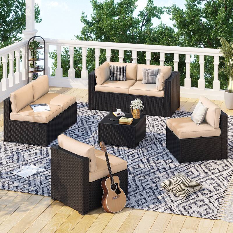 AOXUN Wicker Rattan Outdoor Sectional Sofa Set with Coffee Table - 7 pcs - Black-Khaki