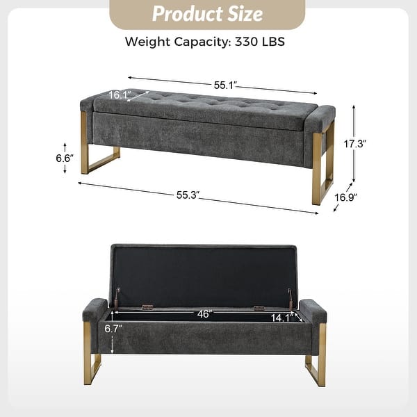 dimension image slide 5 of 6, Alina Modern Upholstered Flip Top Storage Bench with Metal Legs by HULALA HOME
