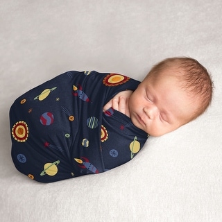 Space Galaxy Collection Boy Baby Swaddle Receiving Blanket - Navy Blue Planets Star and Moon Rocket Ship