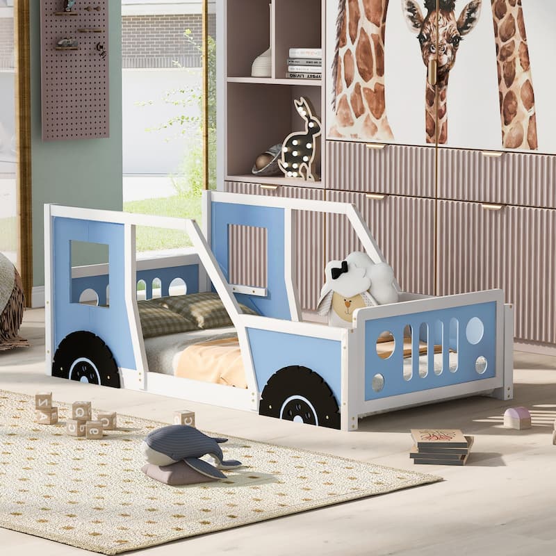 Twin Size Classic Car-Shaped Platform Bed with Wheels