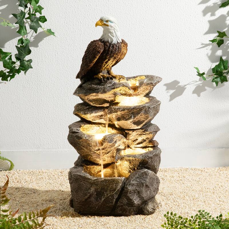 Glitzhome 25.25"H 4-Tiered Polyresin Eagel Stone Outdoor Fountain with Lights