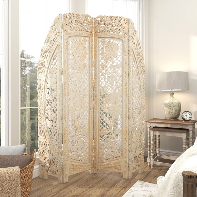 Wood Floral Handmade Foldable Arched 4 Panel Room Divider Screen with Intricately Carved Designs - White - Roche River Decor