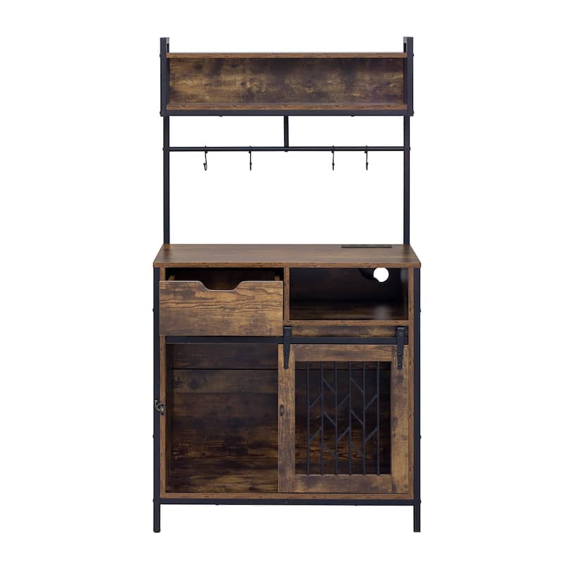 Rustic 2-in-1 Dog Crate & Side Cabinet Organizer: Hutch-Style Kitchen Storage with Kennel, Cupboard, and Drawers‌