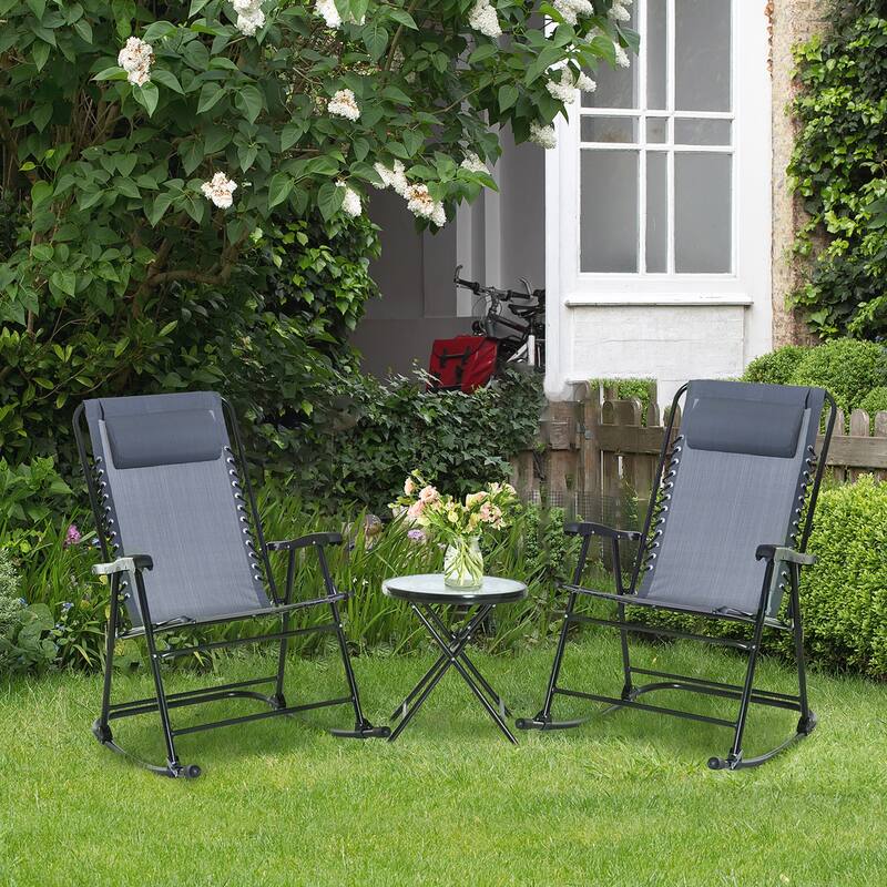 3 Piece Outdoor Rocking Bistro Set, Patio Folding Chair Table Set with Glass Coffee Table for Yard, Patio, Deck, Backyar