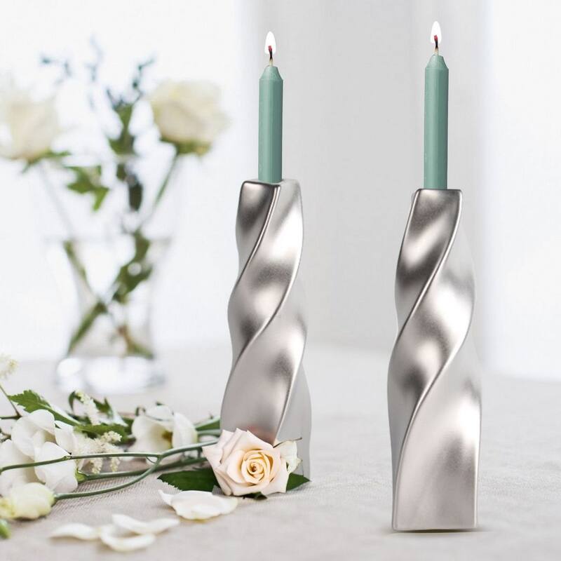 Set of Two Tall Curvy Taper Candllesticks in Titanium Silver