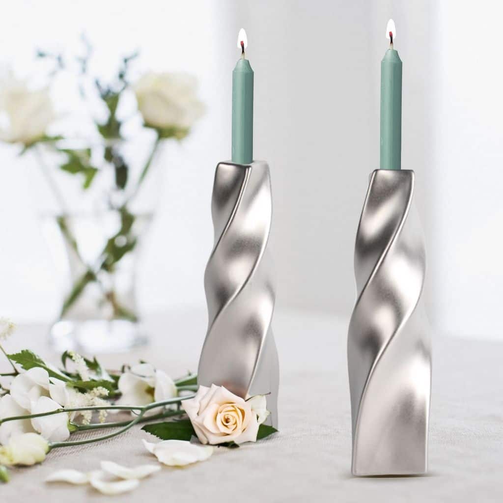 Set of Two Tall Curvy Taper Candllesticks in Titanium Silver