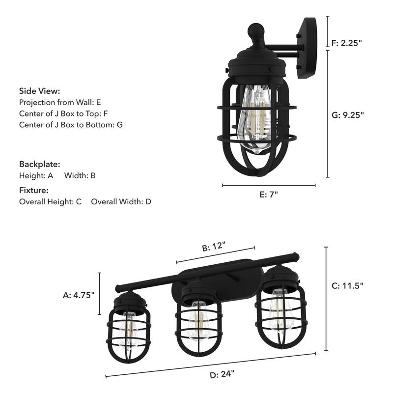Hunter Starklake 3 Light Vanity Wall Light, Damp-Rated, Modern Industrial, Cage, Rustic, Farmhouse