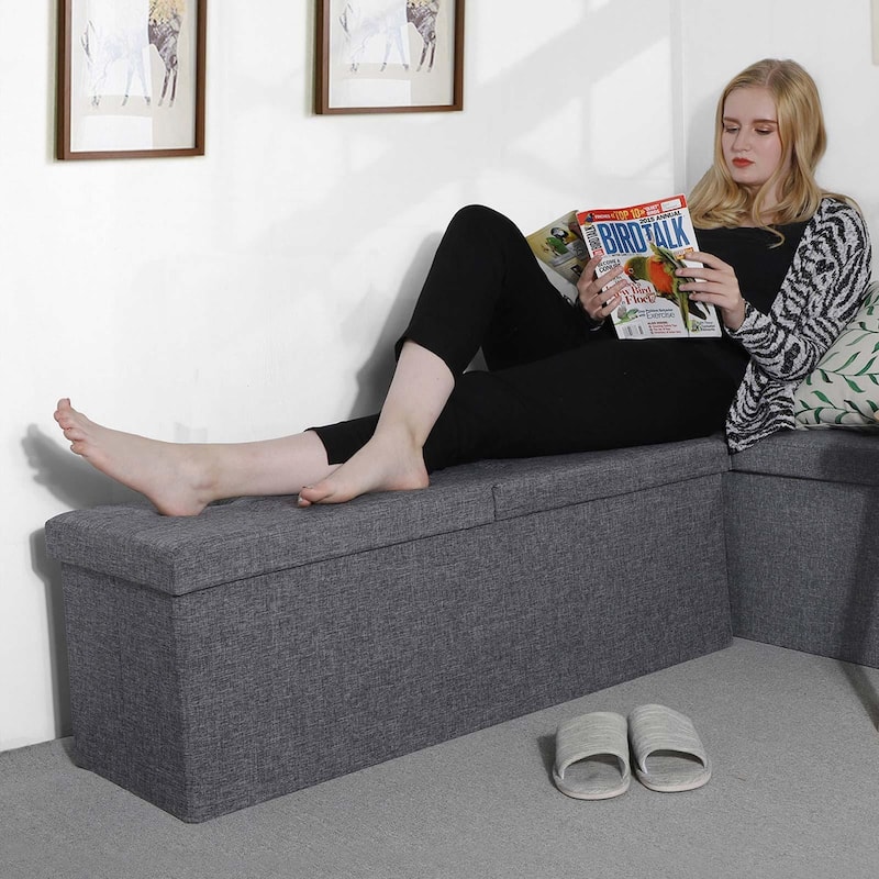 43.3 Inches Slate Grey Folding Storage Ottoman Bench with Flip-up Lid and Padded Seat -