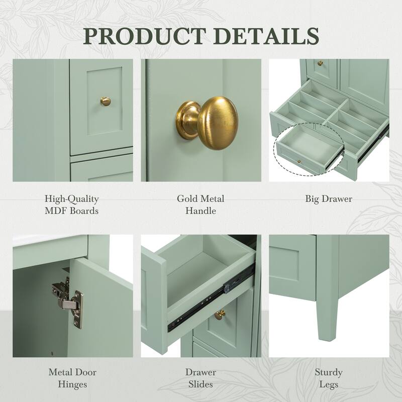 24" Bath Vanity with Storage - Adjustable Shelf, MDF & Rubberwood, Removable Dividers