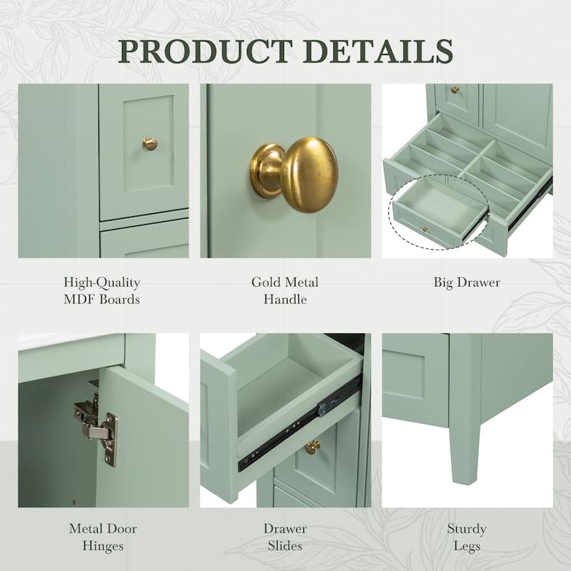 24-Inch Bathroom Vanity with Storage, Adjustable Shelf, MDF & Rubberwood, Removable Dividers, Green Finish