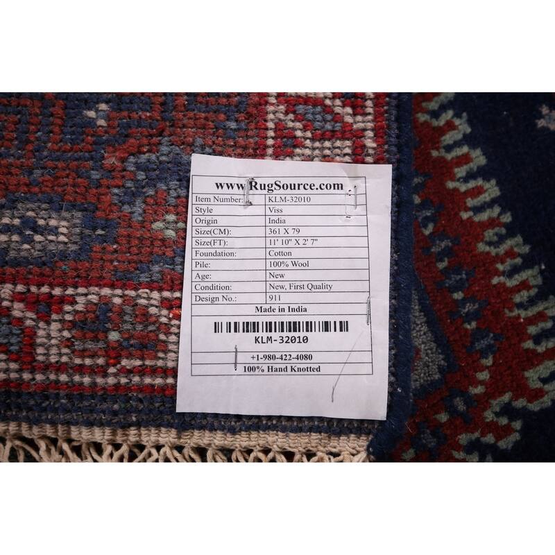 Blue Geometric Viss Oriental Runner Rug Handmade Wool Carpet - 2'7"x 11'10"