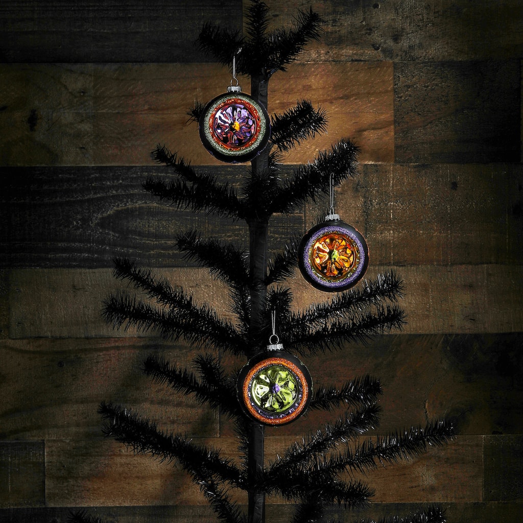 3" Glass Spooky Reflector Ornaments Box of 3