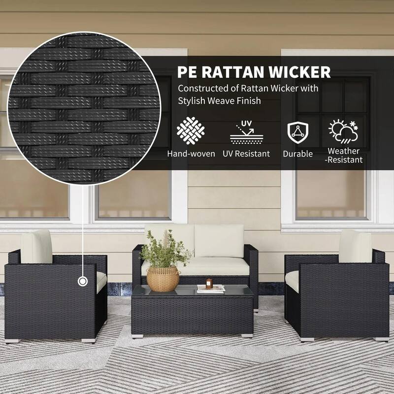 4PCS PE Rattan Patio Set, Sofa Chaise Coffee Table, All Weather