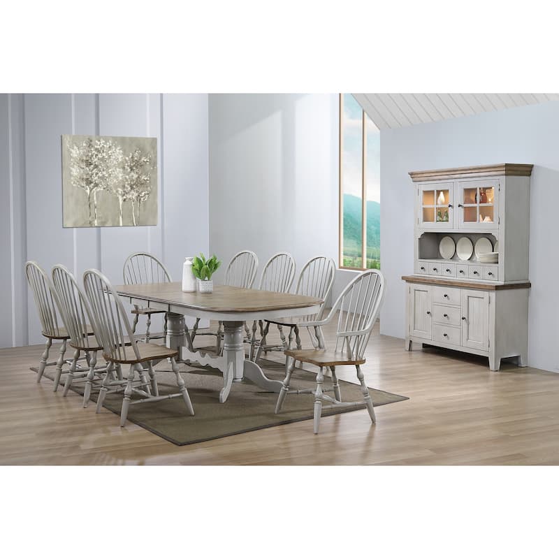 Extendable Dining Table Set - 10 Piece Oval Table with China Cabinet & Armchairs - Distressed Gray & Brown Wood