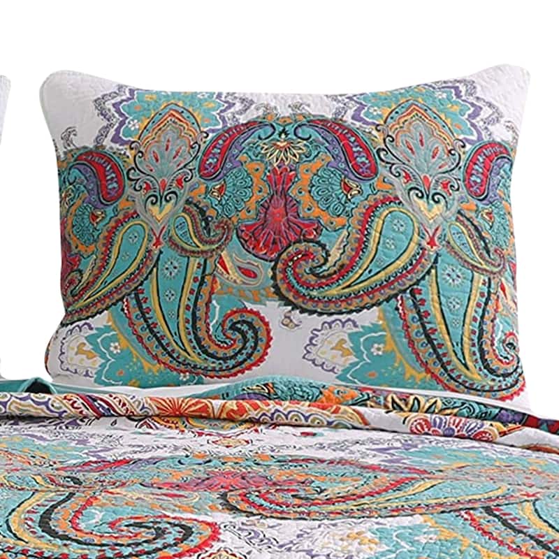 3 Piece Queen Size Cotton Quilt Set with Paisley Print, Teal Blue
