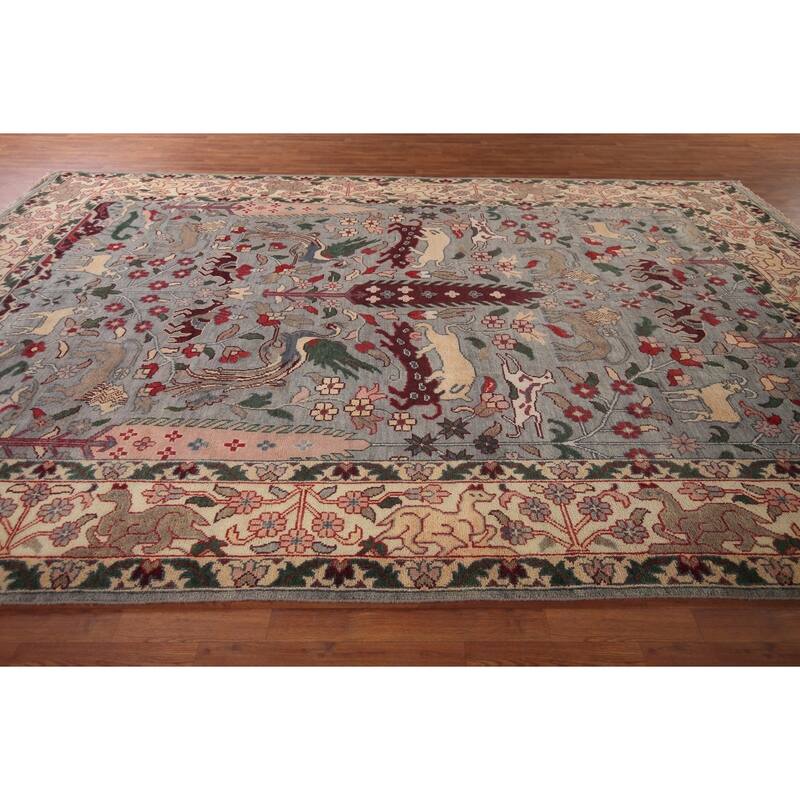 Hunting Animals Gray Ziegler Oriental Large Rug Handmade Wool Carpet - 9'8"x 13'10"