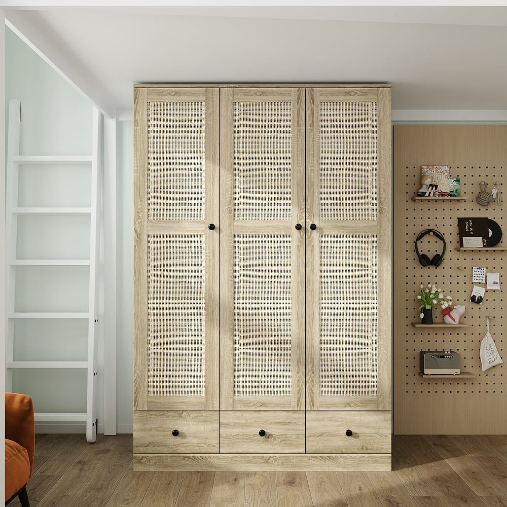 Rattan-Accented Wardrobe - Spacious Clothing Organizer with Style
