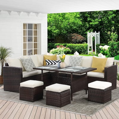 7-Pieces PE Rattan Wicker Patio Dining Sectional Cusions Sofa Set - 30
