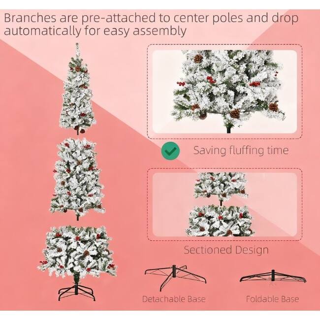 Snow Flocked Pencil Artificial Tree - Realistic Pine Branches, Pine Cones, Red Berries, Auto Open - Green,White