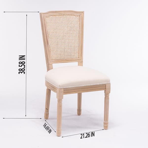 Square Rattan Back Dining Chair Set of 2, Cream Linen Fabric Chairs