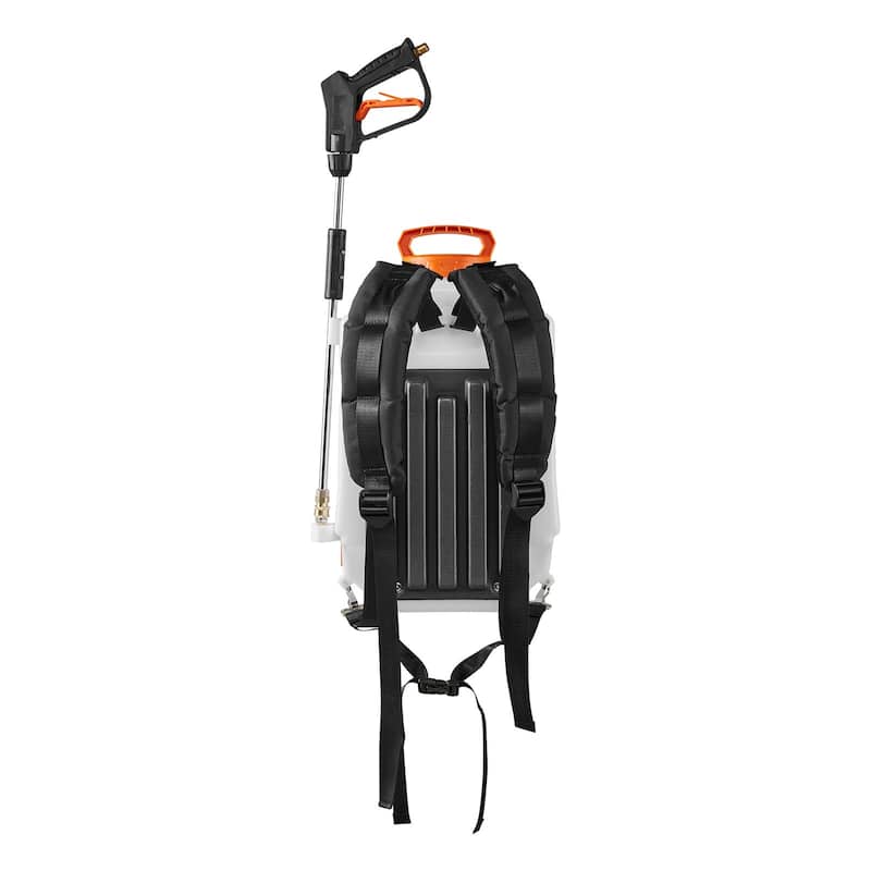 White and Orange 16L Battery-Powered Backpack Sprayer with Adjustable 0-90 PSI and Ergonomic Design