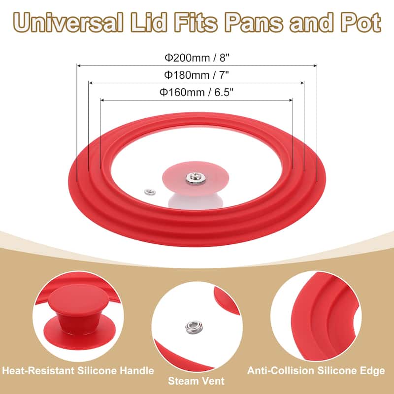 1 Pcs Universal Lid for Pot Pans Cookware - Red - Fit 6.5, 7, 8 Inch