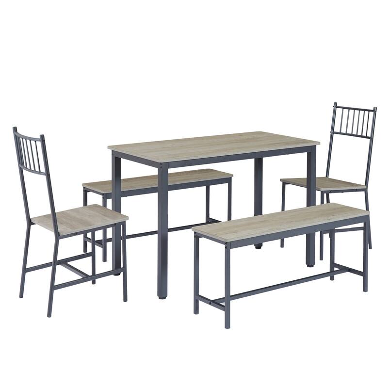 Industrial 5-piece Dining Table Set with 2 Benches 2 Back Chairs