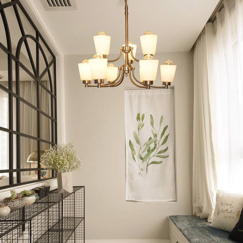 9-Light Brushed Nickel Chandelier With Satin Etched Opal Glass Shades