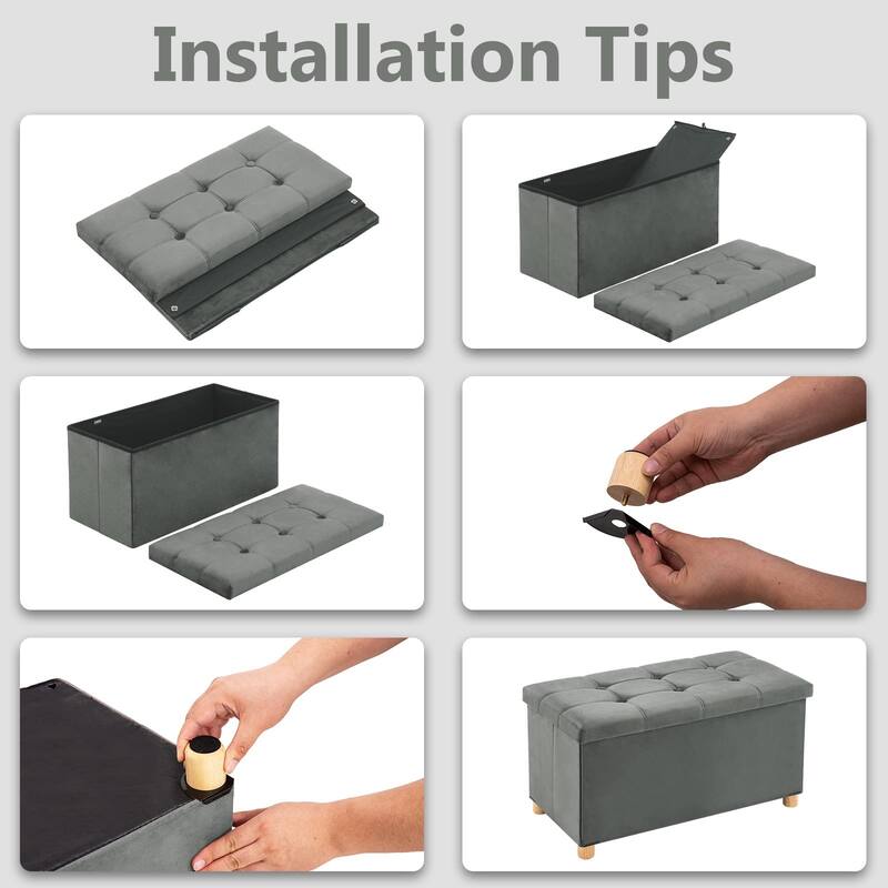 30 Inches Folding Storage Ottoman Bench, Velvet Storage Chest, Footrest Couch with Wooden Legs, Support 350lbs