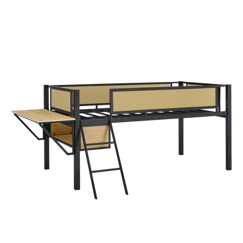Black+Natural Twin Size Metal Loft Bed with Rectangular Desk and Storage