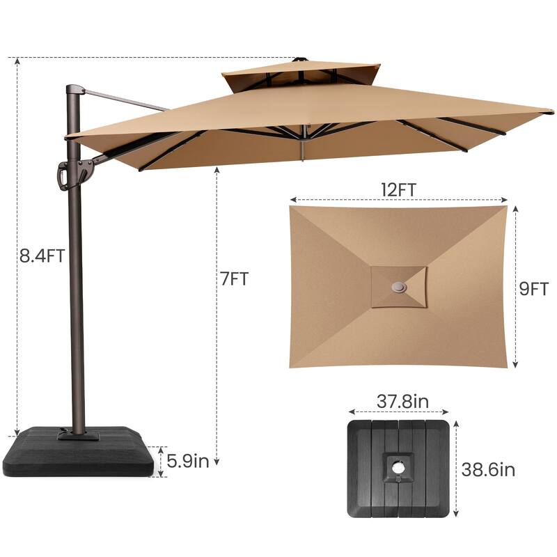 9 x 12 ft Double Top Patio Cantilever Umbrella with Base, 360-degree Rotation
