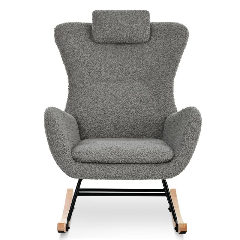 Polyester Glider Chair with Adjustable Headrest and Storage Pocket, Rubber Wood Base