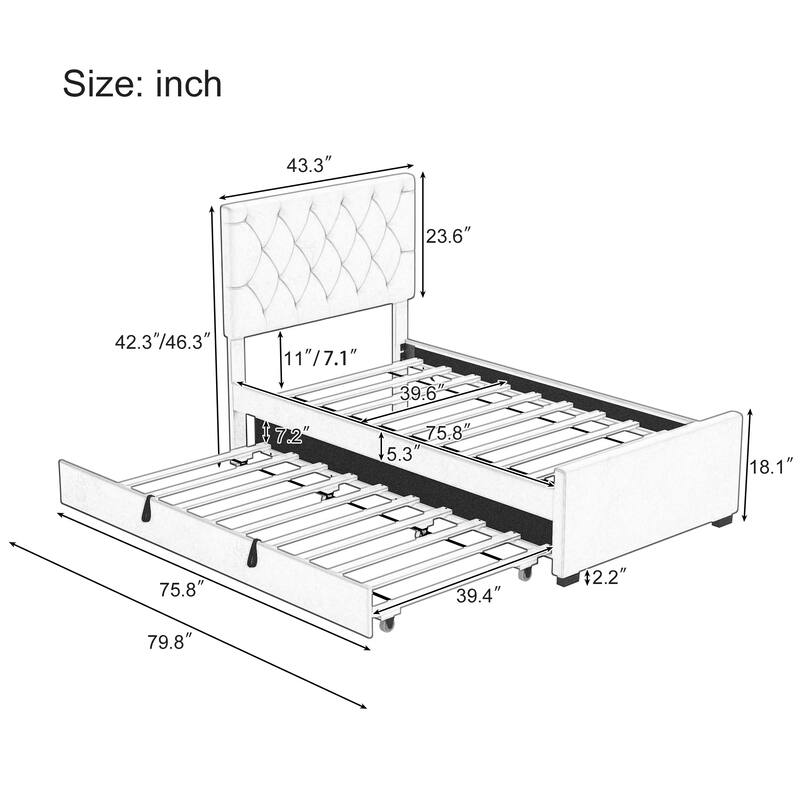 Velvet Upholstered Platform Bed with Trundle Bed & Adjustable Button Tufted Headboard