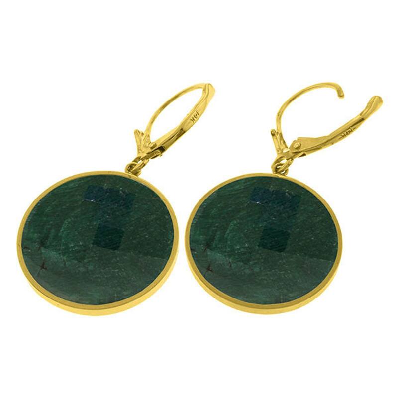 14K Solid Gold Leverback Earrings w/ Checkerboard Cut Round Emerald